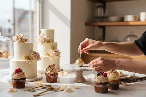 ik wil een afbeelding hebben voor onze over ons pagina. er mogen handen in en gebakjes. Maak het zo realistisch mogelijk